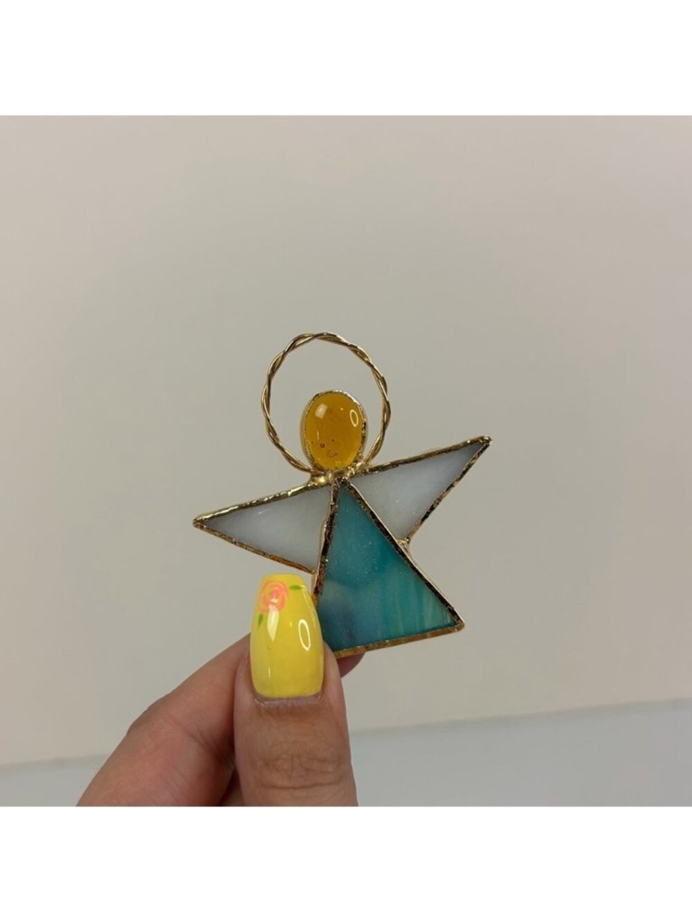 Vintage Stained Glass Angel Brooch Christmas Pin Jewelry Handmade 1990s Blue